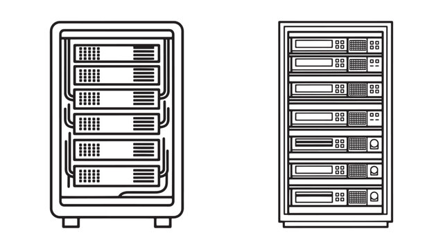 Server rack hardware outline icons showing data center storage units isolated on black background
