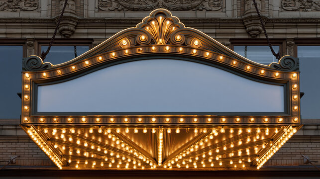 Vintage theater marquee blank sign illuminated light retro cinema classic facade bulb light copy space night