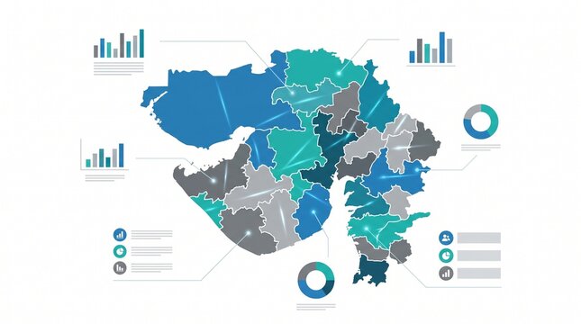 Infographic map of Gujarat showing administrative divisions with data visualizations.