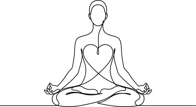 A single continuous line drawing of a person sitting in a lotus pose with a heart in the center