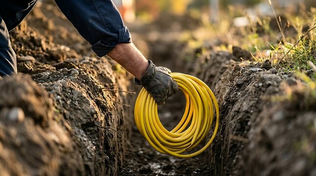 Technician holding roll of yellow cable in trench with installation infrastructure underground.