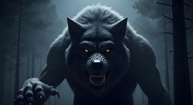 Fierce werewolf growling in a dark misty forest at night