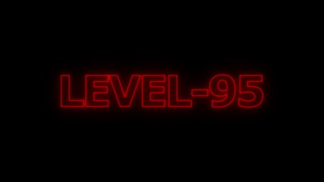 Bright red neon glowing text that the words level 95 centered on a deep black background for gaming progress indicators or digital interfaces
