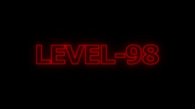 Bright red neon glowing text showing the words level 98 on a solid black background for gaming interface and digital progress indicators