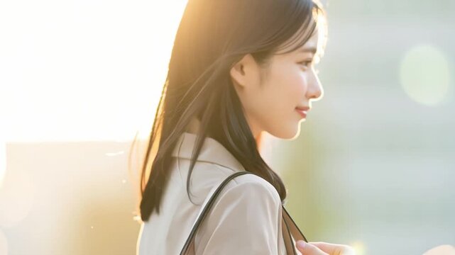 笑顔で出勤する日本人女性