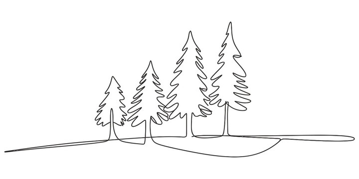 Continuous single line drawing of a small group of evergreen pine trees