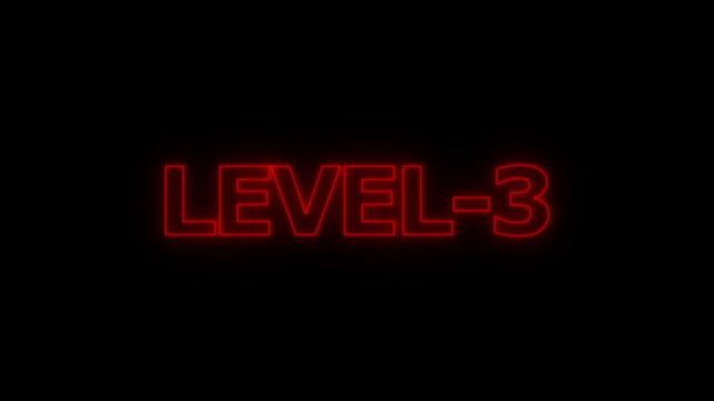 Glowing red neon text that says level 3 isolated on a black background for game interface and digital progress screen