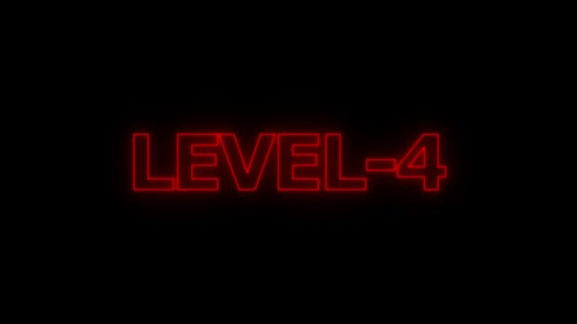 Glowing red neon text that says level 4 isolated on a black background for game interface and digital progress screen