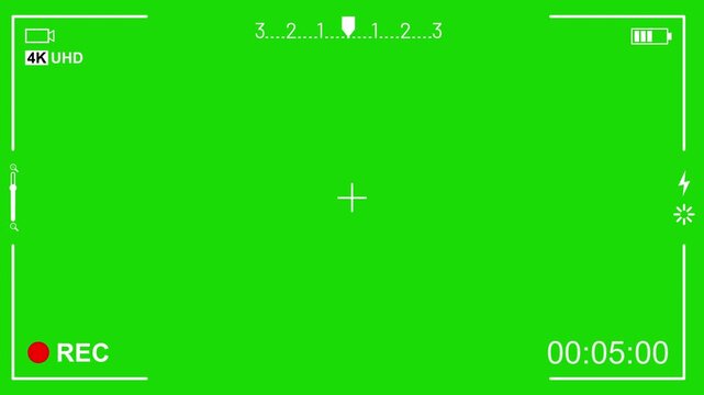 Greenscreen Camcorder recording screen. Digital camera screen overlay with green background and white symbols, including battery icon and record time stamp. Perfect for photography tutorials.