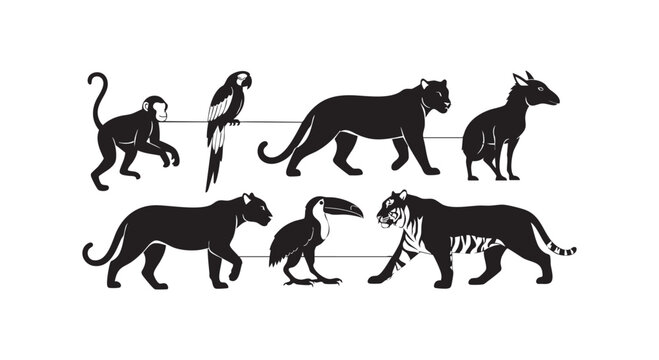 Tropical jungle wildlife animals set featuring monkey parrot tiger panther toucan and exotic mammals in black silhouette.