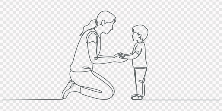 Continuous one line art of young mother talking with her son about goal and purpose of life at home, family life. Happy parenting concept, Happy Mother&rsquo;s Day continuous line drawing of Mom playing