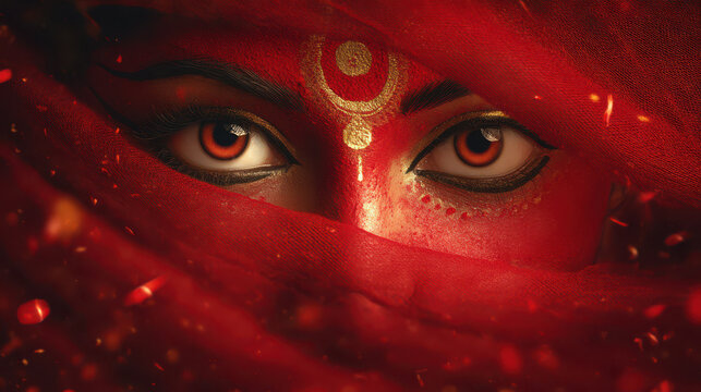 Close-up of woman's face covered in red paint during Durga Puja festival