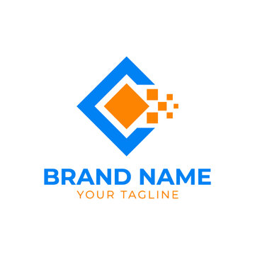 Abstract blue square logo with orange digital pixel fragments.