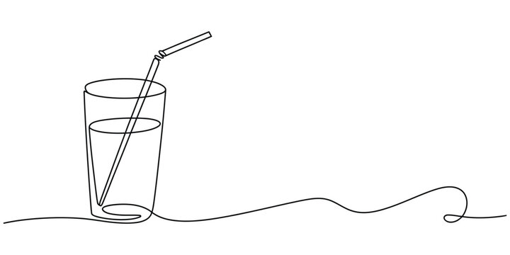 Continuous single line drawing of a glass of water with a drinking straw