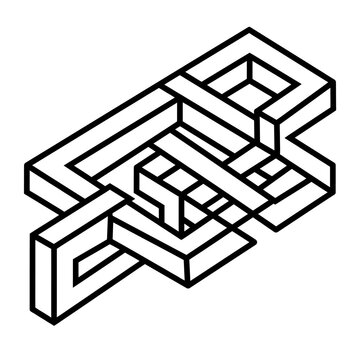 Abstract isometric impossible geometry maze on white background.