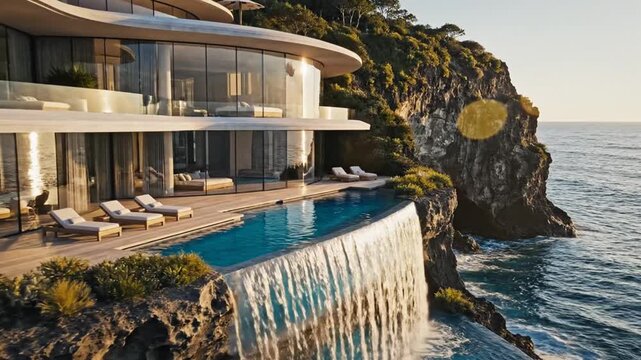 Modern organic cliffside villa featuring curved glass walls and a cascading waterfall infinity pool overlooking the ocean at sunset with wooden decking and outdoor sun loungers.