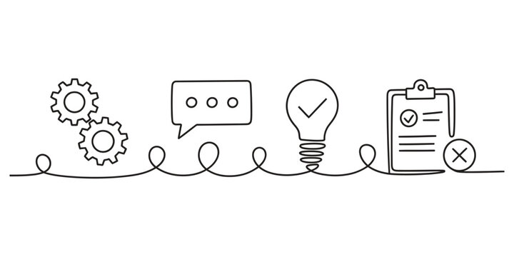 Continuous line drawing of business icons including gears chat bulb and checklist