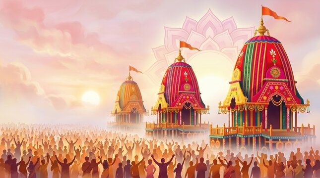 Traditional rath yatra chariot procession with devotees celebrating under a golden sunset sky