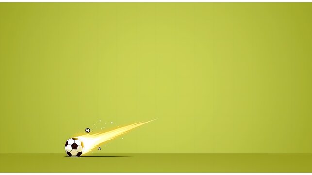 Minimalist flat styled soccer ball with luminous speed streak & tiny sparkle splatters on solid lime green base, practical graphic for sports website header, football booklet layout
