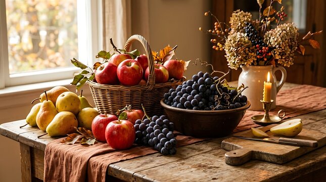 Fresh autumn fruits arranged on a rustic wooden table indoors