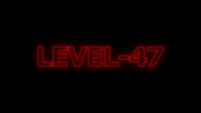 Glowing red neon text display showing the words level 47 on a dark black background for gaming interface or progress indicator concepts
