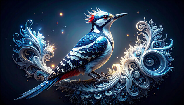 Artistic depiction of a colorful bird with ornate swirling details and sparkling lights