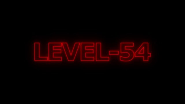Glowing red neon text display showing the words level 54 centered on a plain black background for game interface or progress indicator