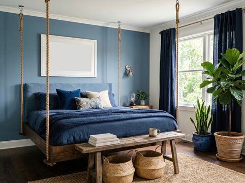 Modern Blue Bedroom Interior Design Featuring Unique Hanging Rope Bed and Blank Horizontal Frame Mockup