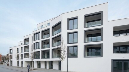 Obraz premium Modern White Apartment Building with Balconies and Large Windows Under a Clear Sky.