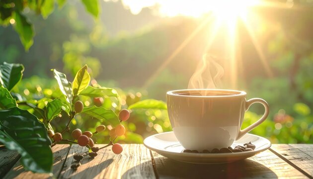 Coffee cup outdoors with coffee plant and sunrise light.