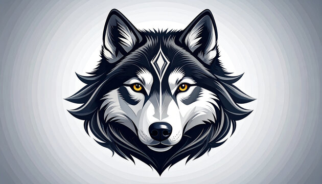 Artistic depiction of a wolf head with striking black and white fur design
