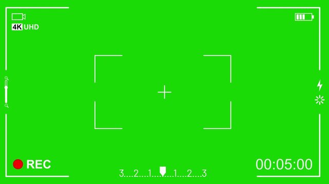 Greenscreen Camcorder recording screen. Bright green digital camera screen overlay with white viewfinder frame and battery indicator symbols. Suitable for photography or technology concepts.