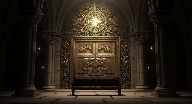 Ornate wooden door in cathedral interior.