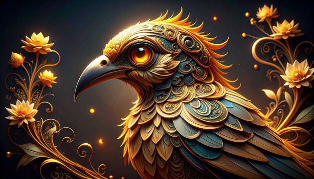 Artistic golden eagle illustration with floral elements against a dark background