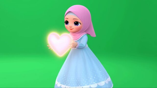 Cute 3D hijab cartoon girl holding glowing heart on green screen