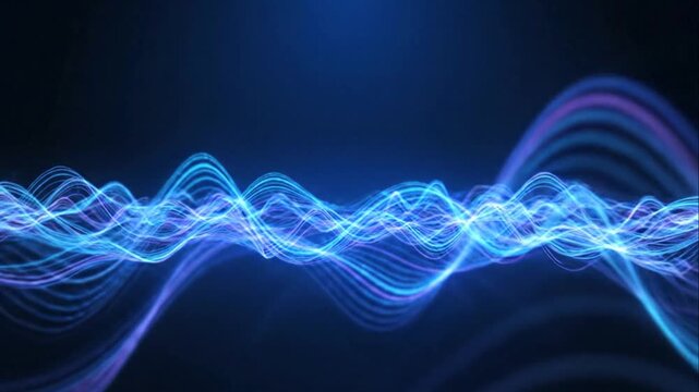 Glowing blue wave light technology background.
