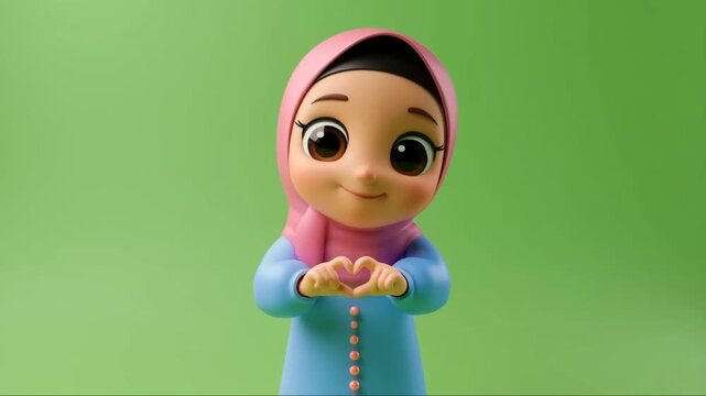 Cute 3D Hijab Cartoon Character in Pink Veil and Blue Dress