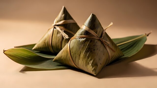 Traditional chinese sticky rice zongzi dumplings in green bamboo leaf packaging. Ideal for cultural food blogs, packaging designs, and recipe cards.