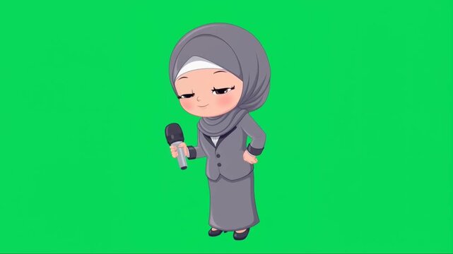 Muslim Reporter Woman Hijab Cartoon Character on Green Screen