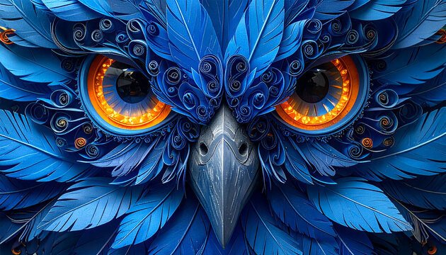 Close up of a blue owl with orange eyes intricate feather details