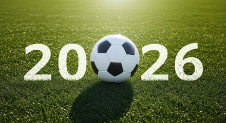Obraz premium Soccer ball on green grass field with 2026 text