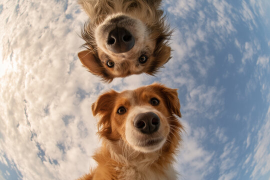 Two dogs, one black and tan and the other golden, looking down at the camera against a blue sky with clouds, showcasing their curious expressions and playful demeanor