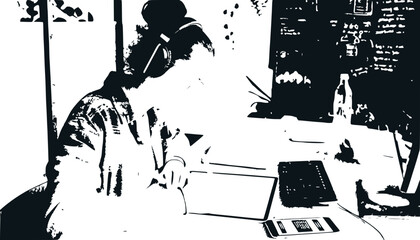 Fototapeta premium Person working on laptop and tablet in modern office, high contrast black and white