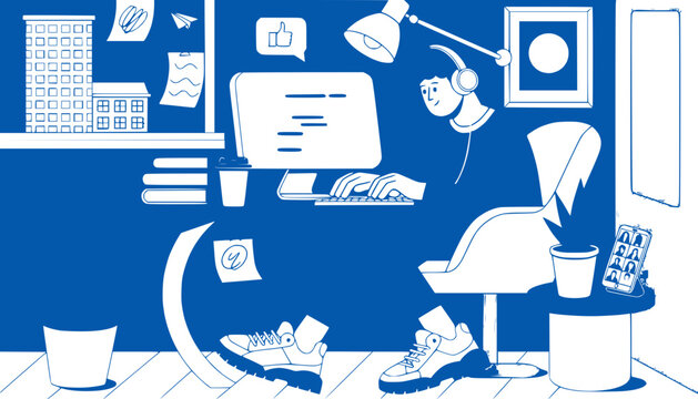 Modern home office setup with person working on computer, illustration style
