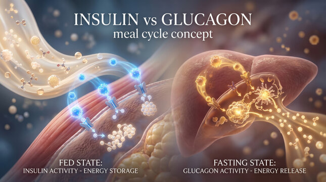 Insulin glucagon hormone regulation vs pancreas liver meal cycle concept illustration shows insulin vs glucagon balance during fed state and fasting state energy storage and energy release