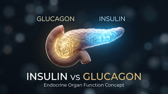 Insulin glucagon pancreas hormone balance vs endocrine organ function concept glowing illustration