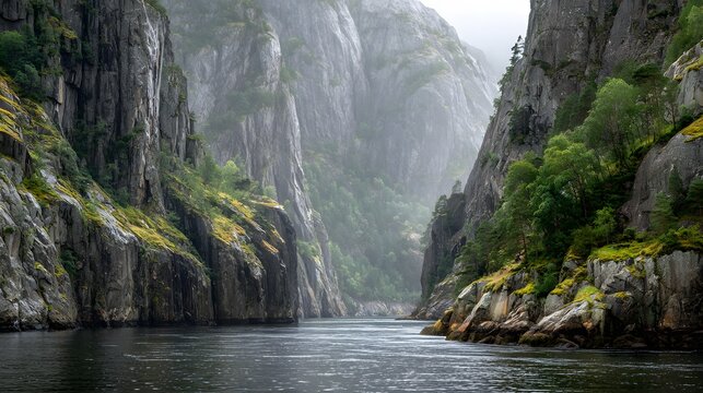 霧に包まれた岩壁峡谷と静かな水面の自然風景
Misty rocky canyon with calm water and dramatic cliff landscape