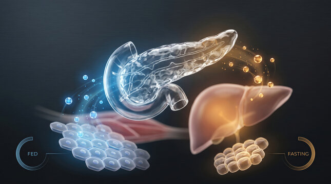 Insulin hormone vs glucagon balance medical illustration shows pancreas liver and fat cell during fasting and fed state metabolism with glowing abstract anatomy design concept