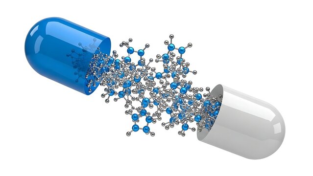 Blue and white capsule releasing molecular structure