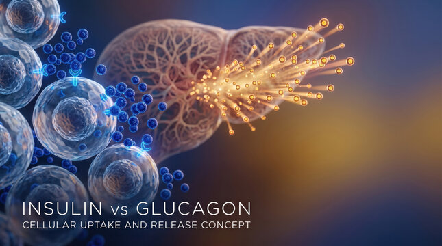 Insulin vs glucagon hormone balance concept cellular uptake and release in human pancreas showing blue molecule orange particle cell receptor pathway medical science illustration